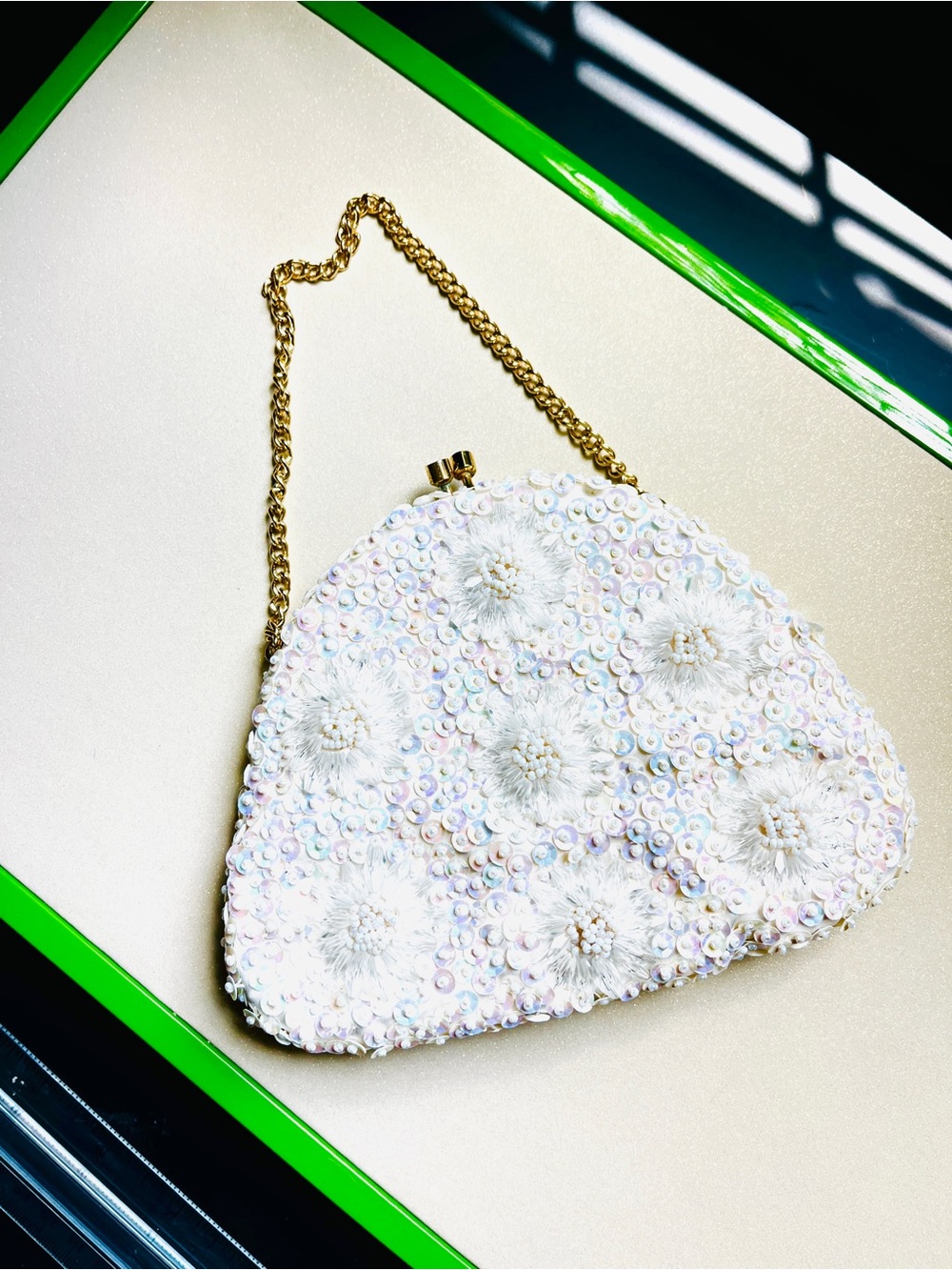Vintage White Sequin Floral Evening Bag with Gold Chain